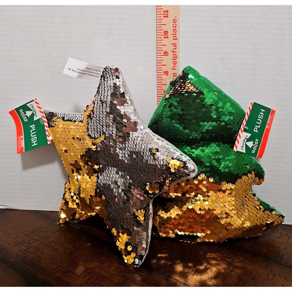 Christmas House Flip Sequin Plush Set Tree and Star Green Gold Silver New